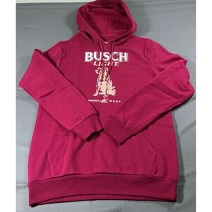 Busch Light Mens Small Burgundy‎ Maroon Camping Dog Graphic Hoodie Sweatshirt